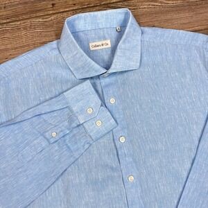 Collars & Co Mens Size XL Button Down Shirt Light Blue 100% Linen Long Sleeve